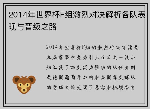 2014年世界杯F组激烈对决解析各队表现与晋级之路